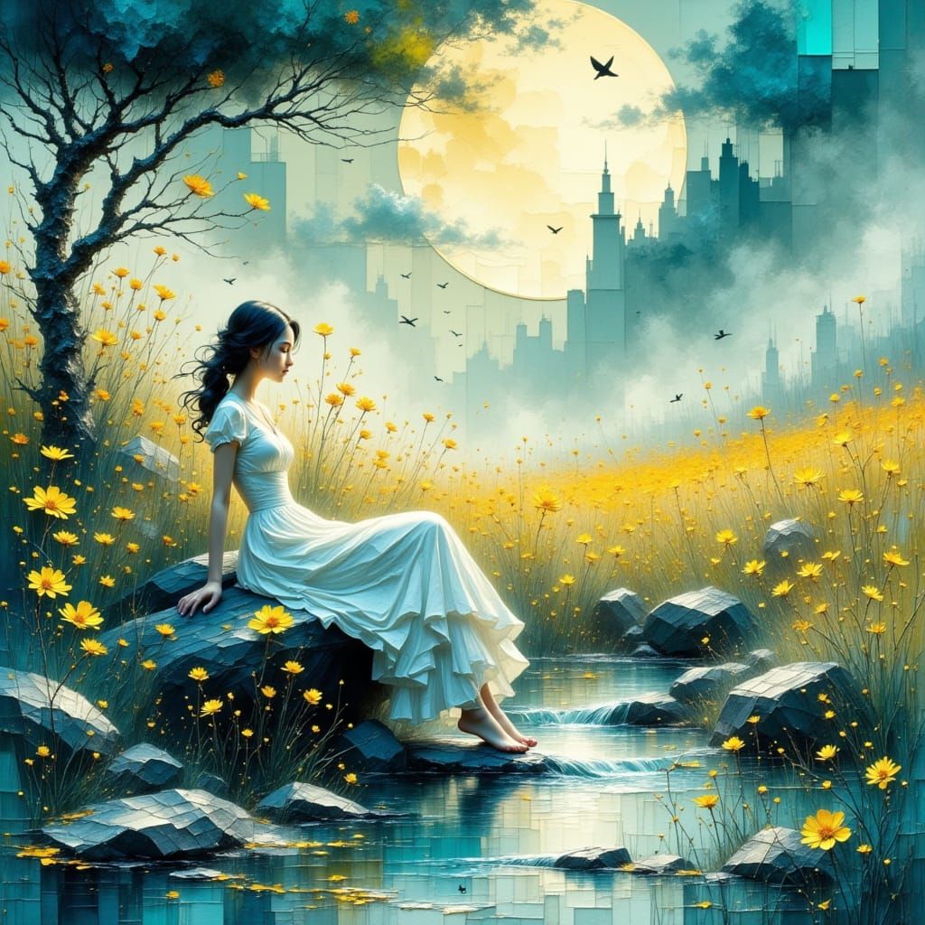 Woman by Stream Under Moonlight, Watercolor Style