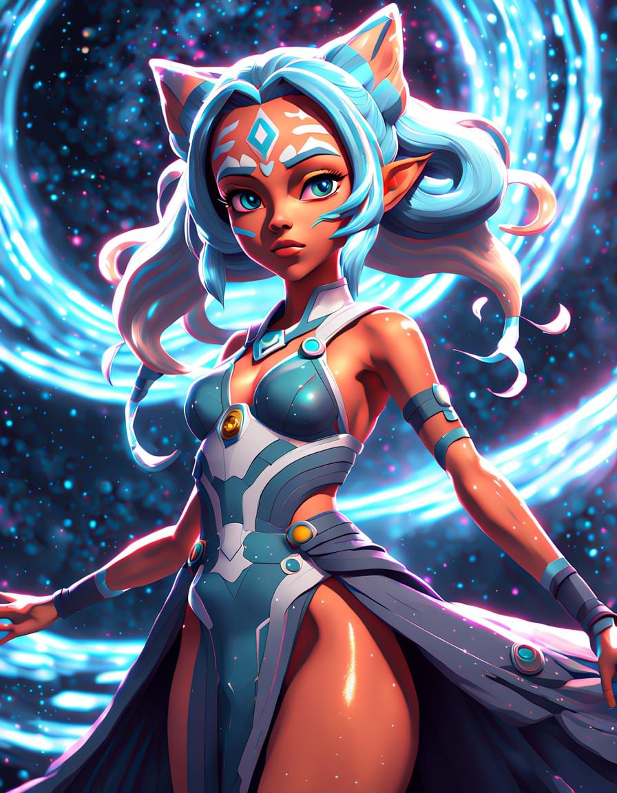 Ethereal Cosmic Goddess Ahsoka in Vibrant Mixed Media Art