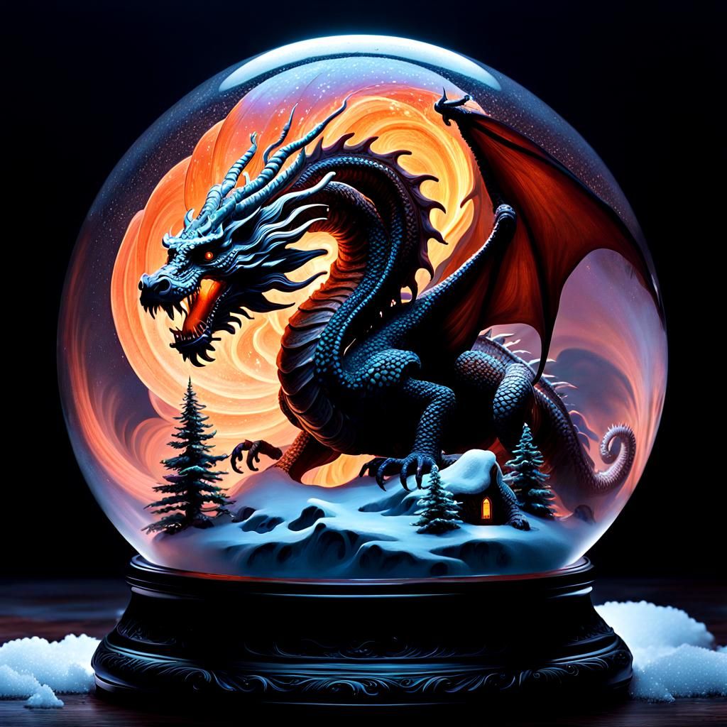 Dragon and Wizard in Bioluminescent Snow Globe