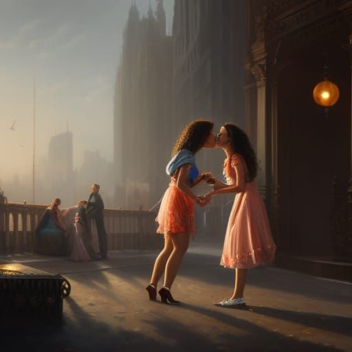 Two Women Kissing, Engagement Ring, Splash Art Portrait