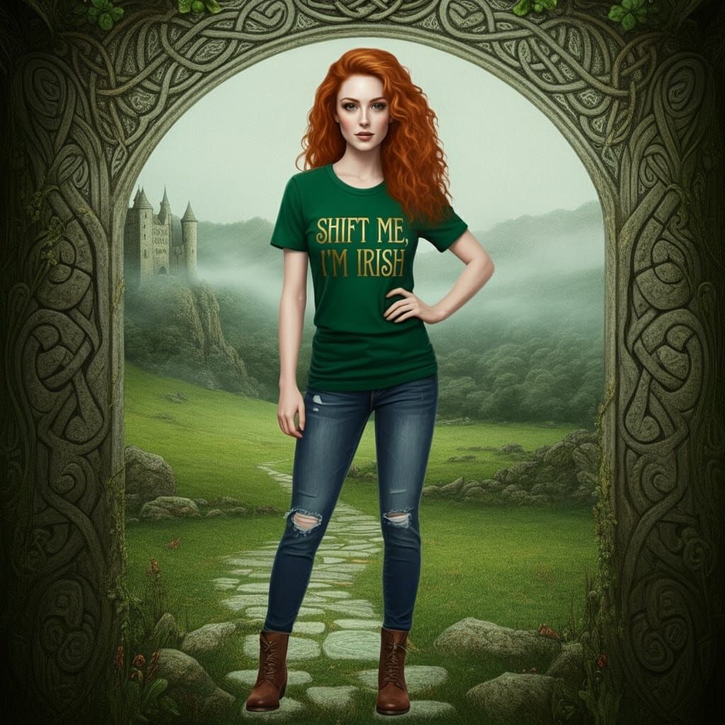 Whimsical Irish Lass in Emerald Green Tee, Surrounded by Cel...