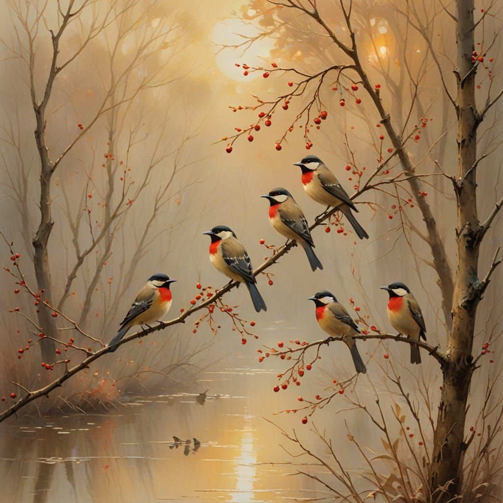 Birds on Branch in Impressionist Watercolor Style