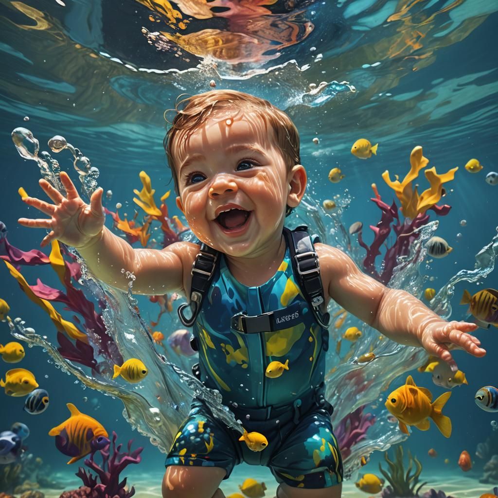 Happy Underwater Baby: Photorealistic Splash Art
