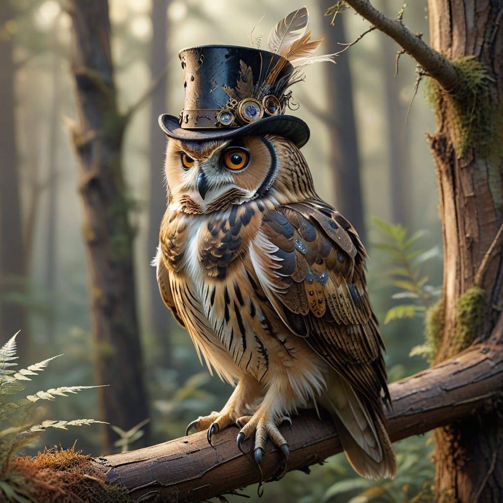 Steampunk Owl in Forest Watercolor Painting
