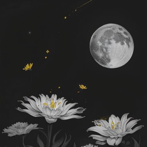 Abstract Lily Ascending to Moon in Ink Wash Style