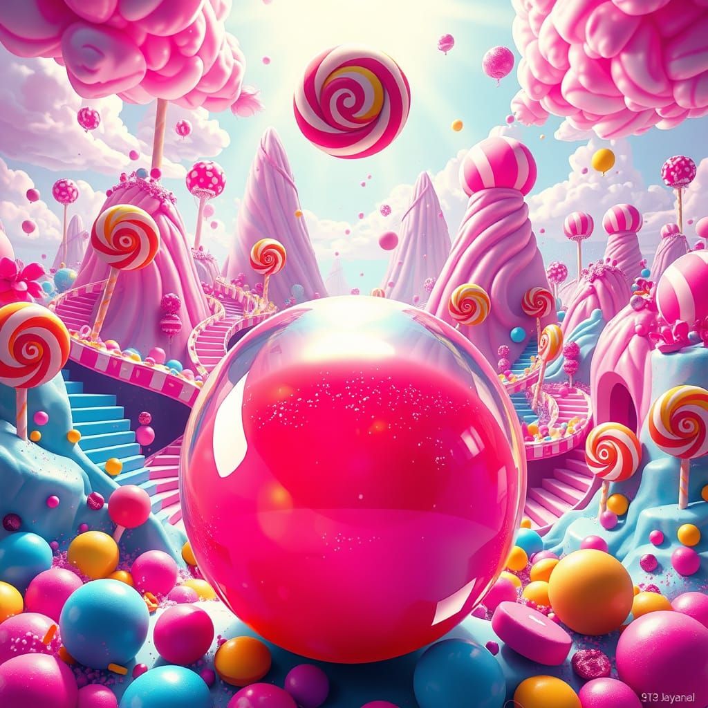 Vibrant Candyland Dreamscape with Gigantic Gumball and Whims...