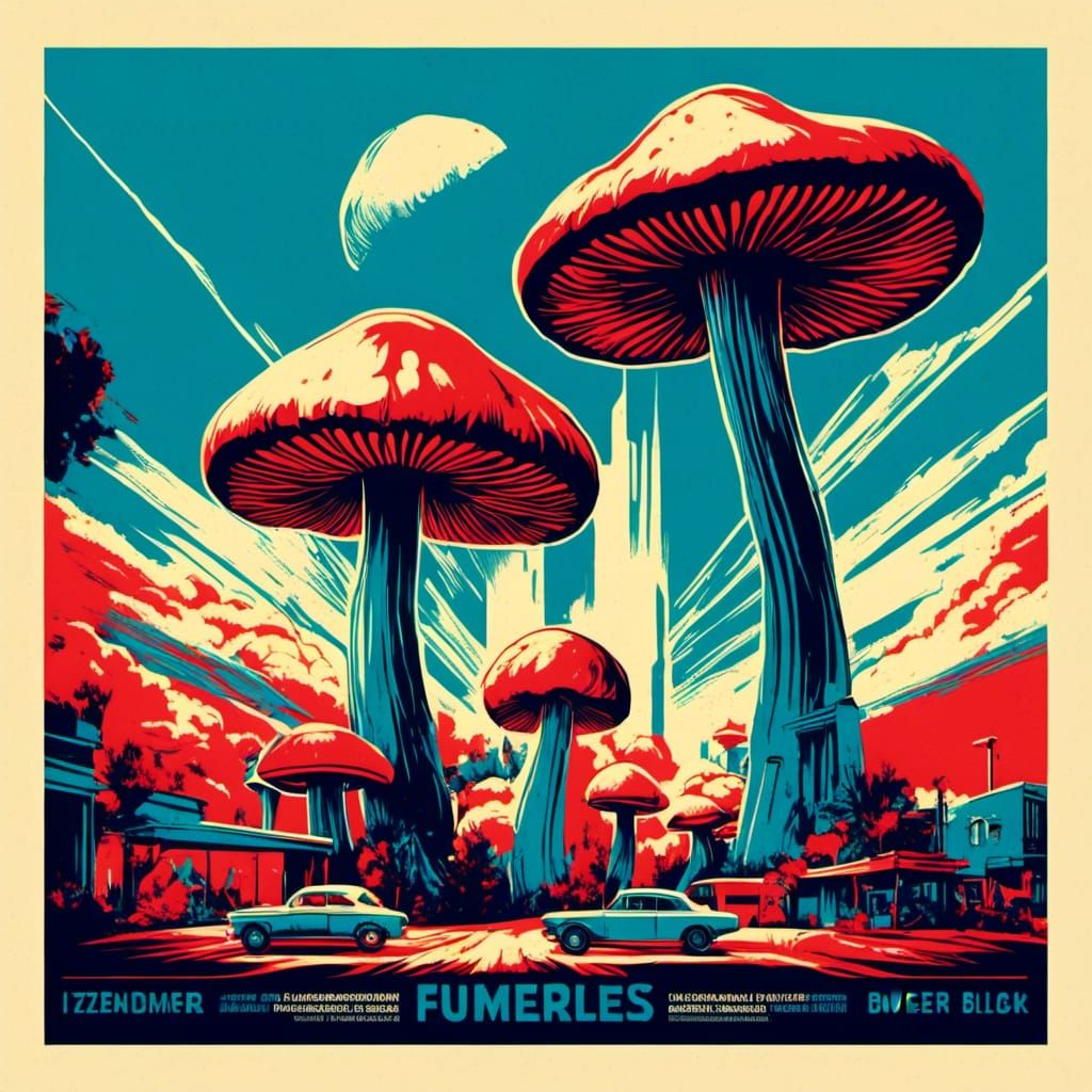 Blue Mushroom Pop Art Illustration in Urban Setting