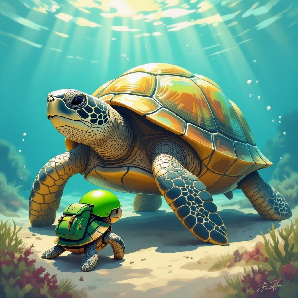 Tiny Tortoise Climbs Giant Turtle Shell in Sunlit Ocean