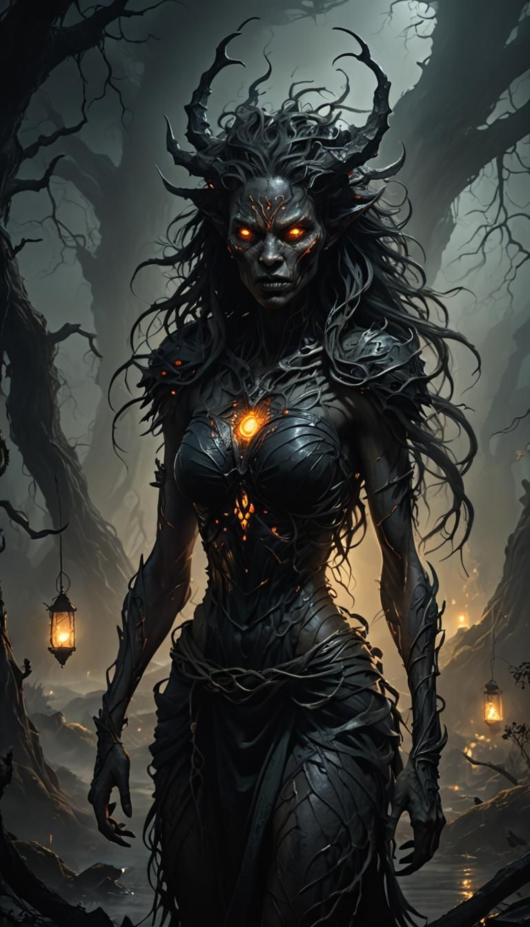 Captivating Dark Fantasy Creature in Eerie Landscape