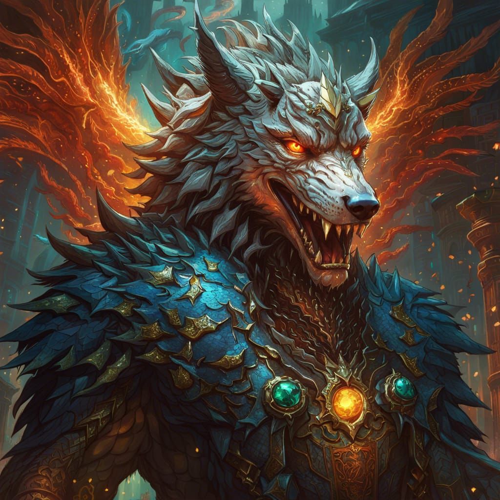 Ornate Wolf-Dragon King in Hyperdetailed Fantasy Art