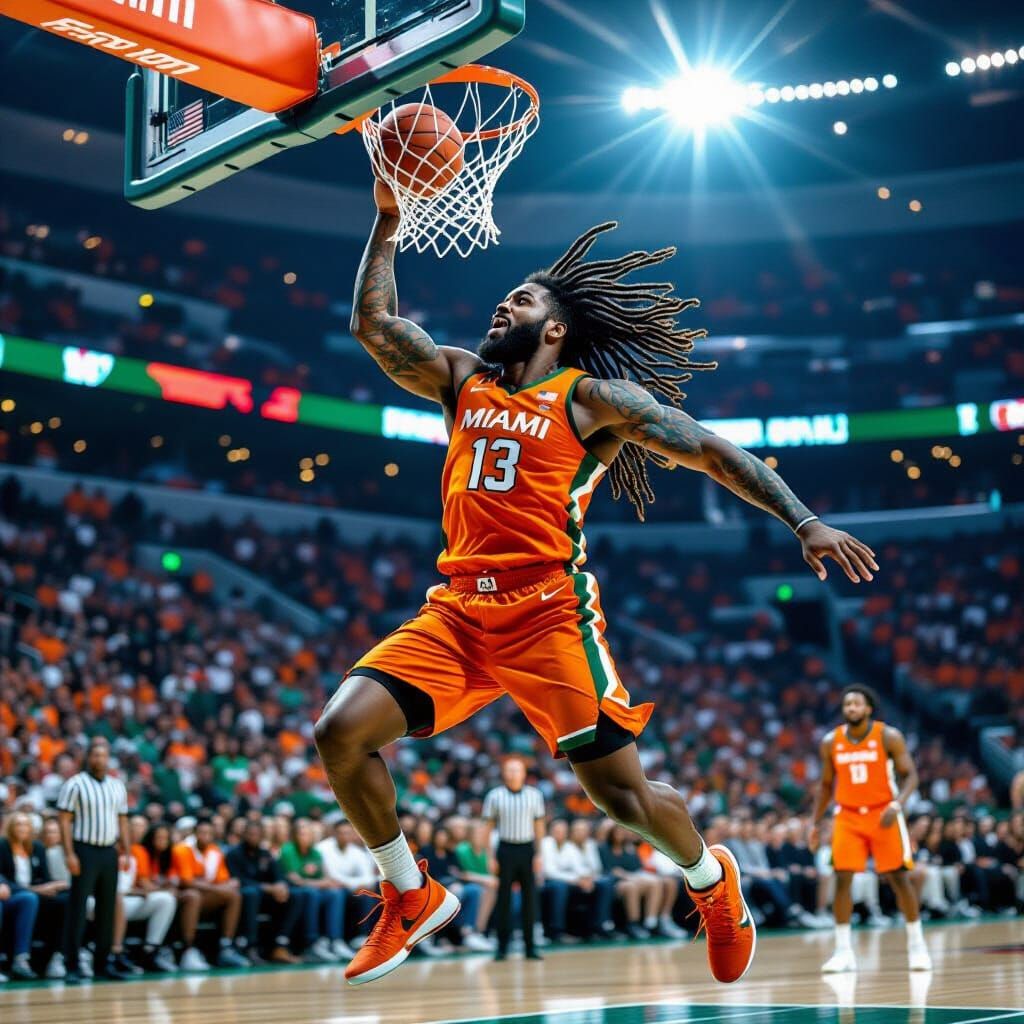 Miami Hurricanes Basketball Player Dunking in Electric Stadi...