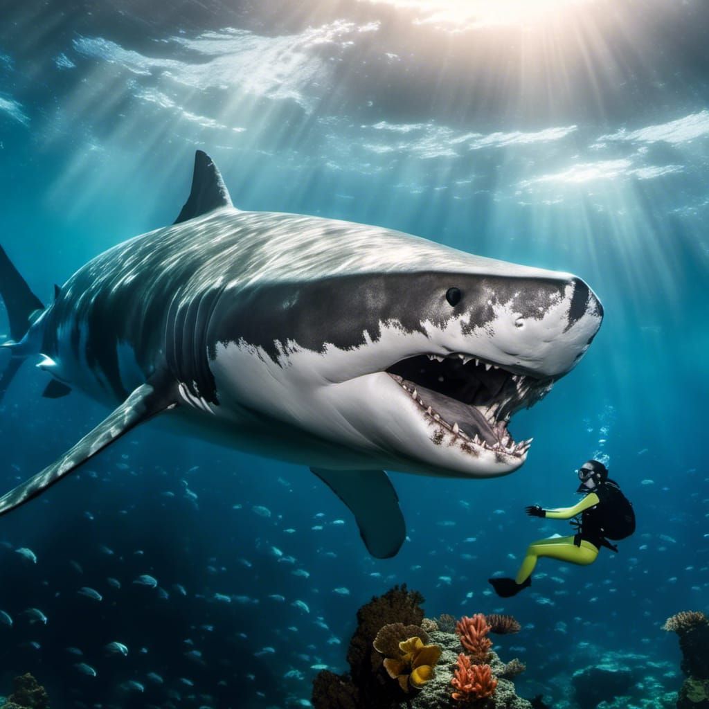 Woman Bites Shark in Dark Fantasy Realism Style