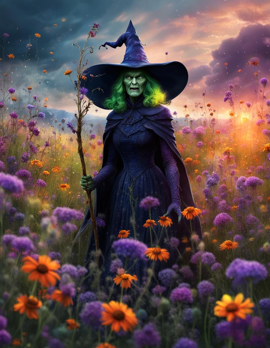 Wicked Witch in Wildflower Field: Halloween Art