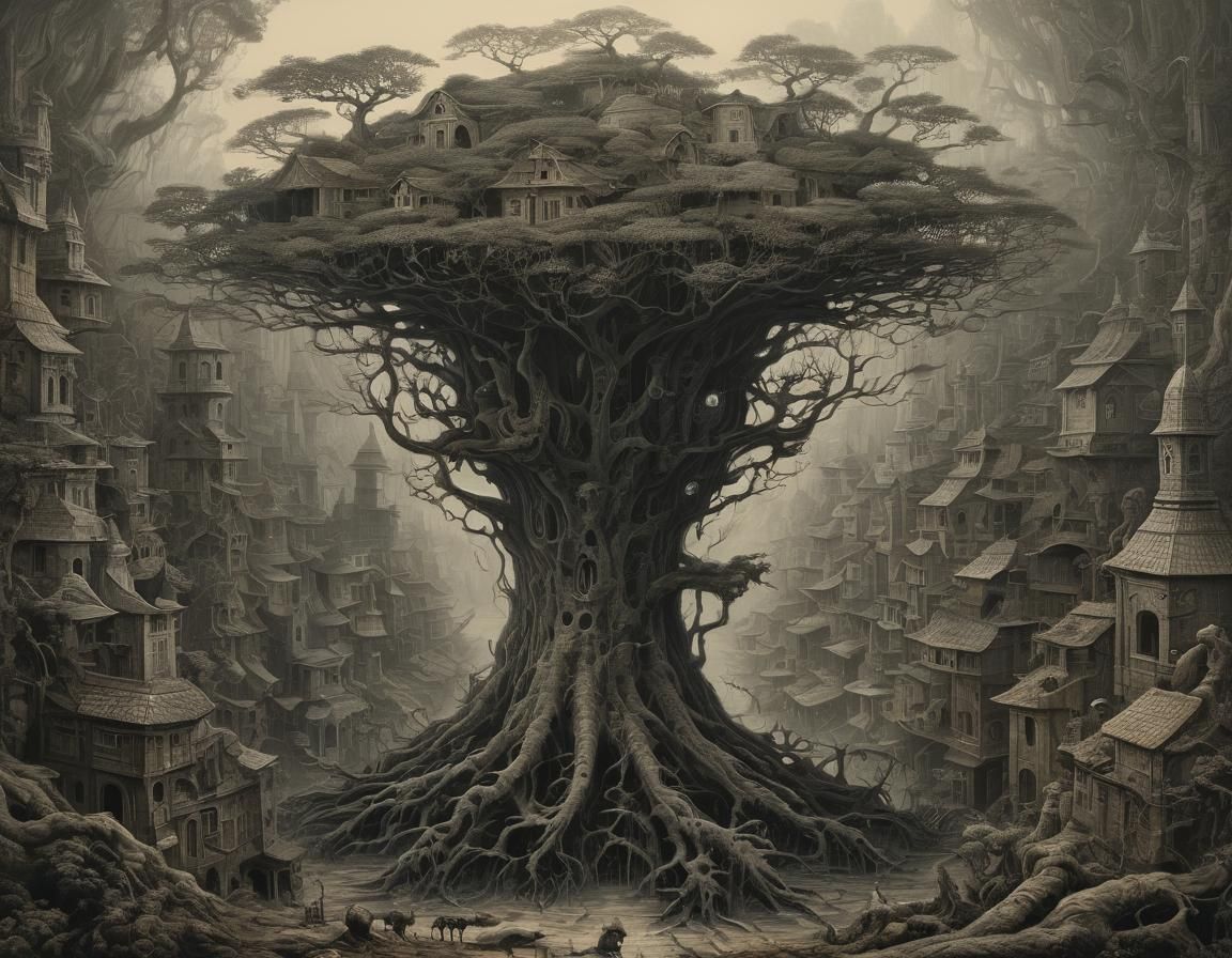 Surreal Tree-like Structure in Dreamlike Landscape