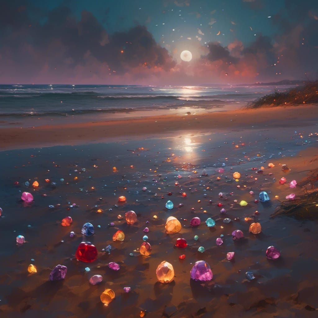 Moonglow: Multicolored Gemstones Reflecting on Ocean Beach