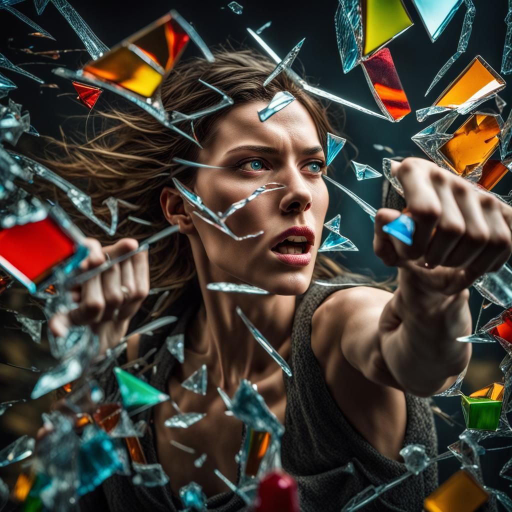 Glass Woman Shattering Screen: Hyperrealistic Digital Art
