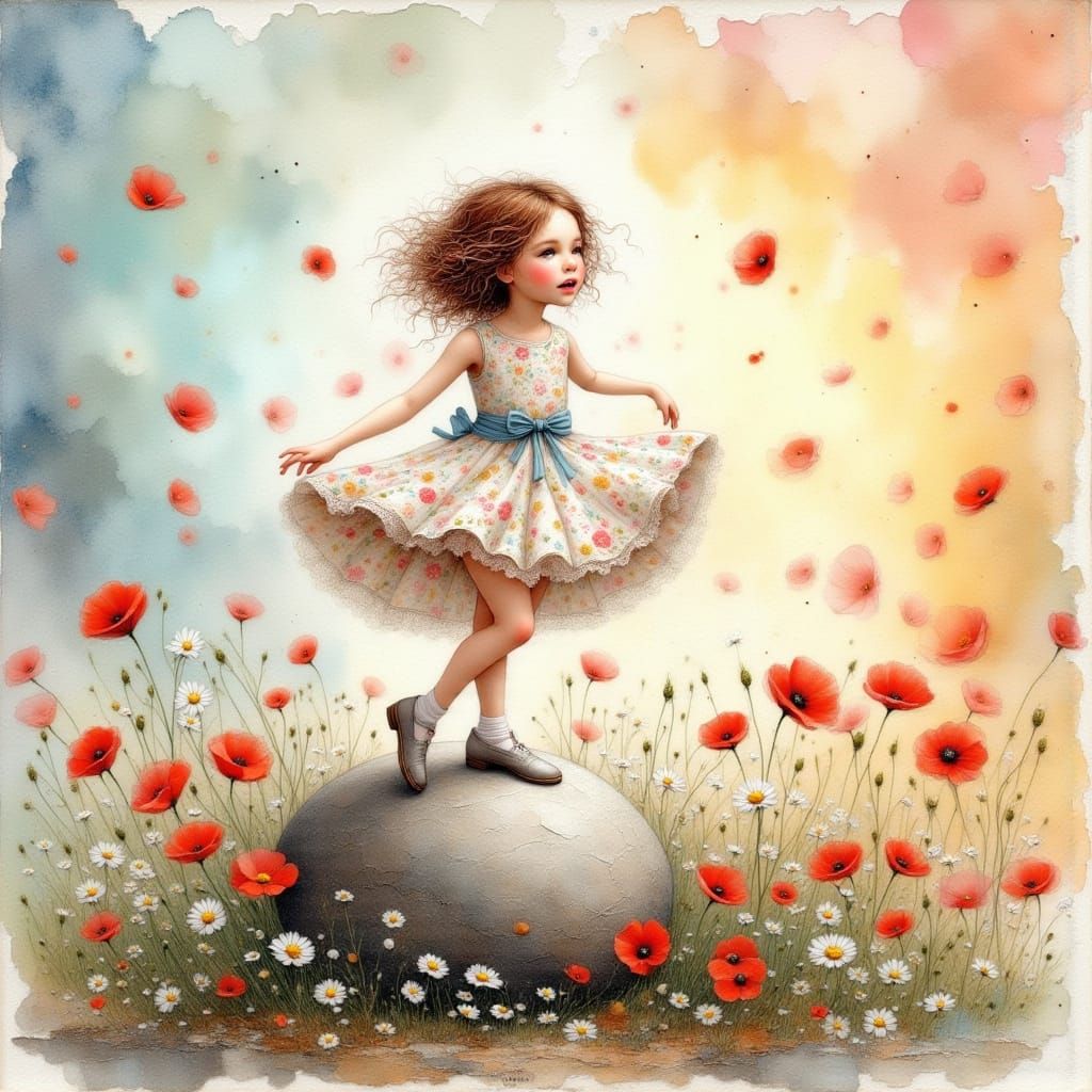 Whimsical Girl Pirouettes on Rock Amidst Poppies