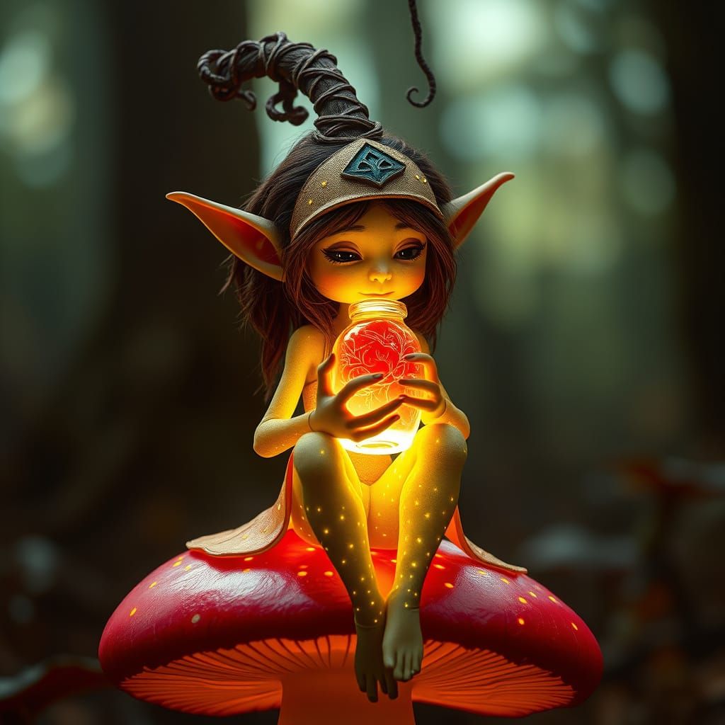 Regal, 4D Glowing Elf in Vibrant Red Toadstool Scene