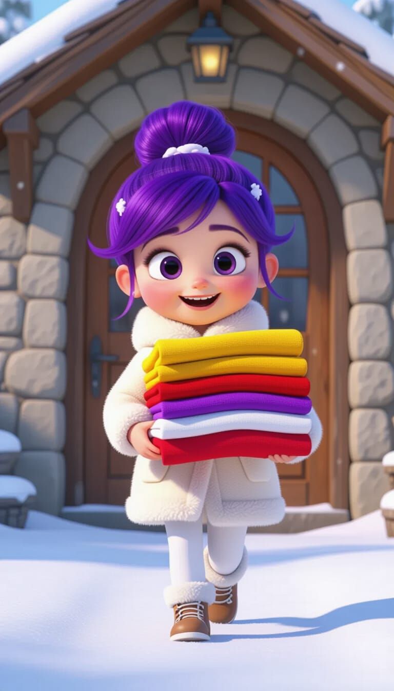 Animated Girl Carries Colorful Clothes in Snowy Landscape