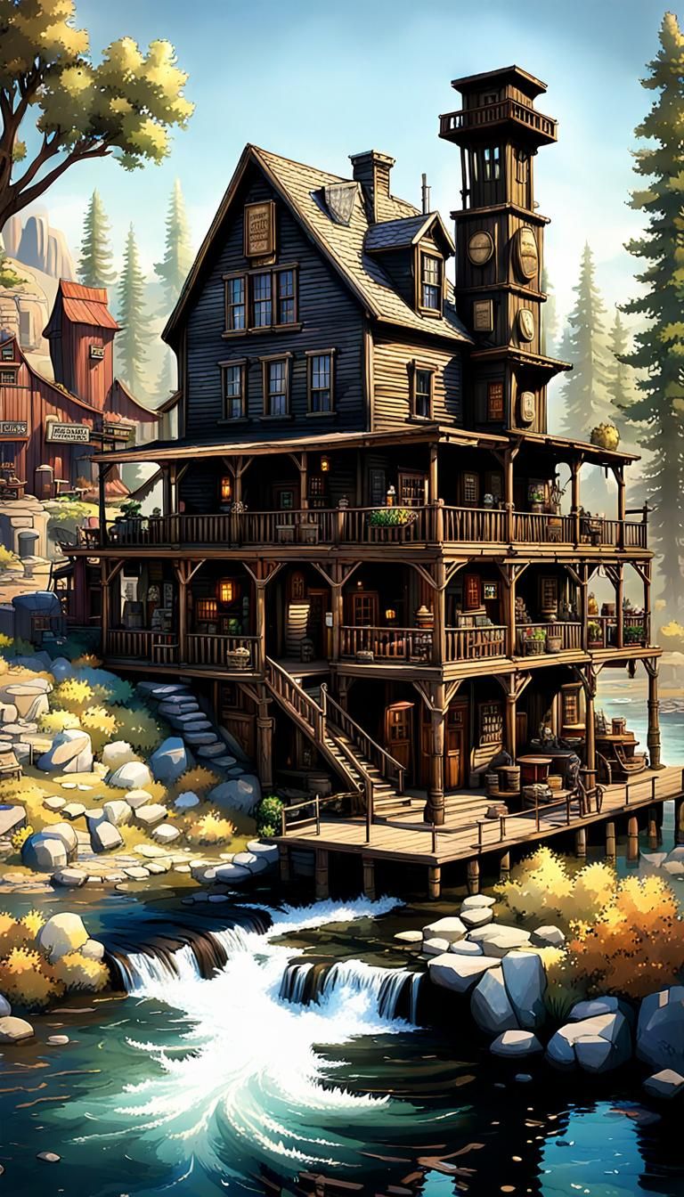 Steampunk Wild West River Complex with Tower