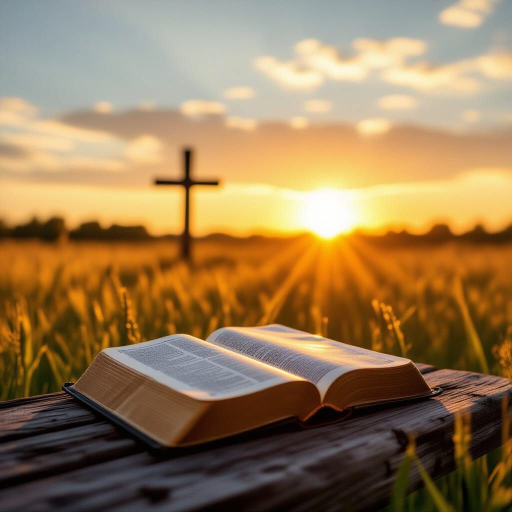 Open Bible at Sunset with Cross and Golden Light