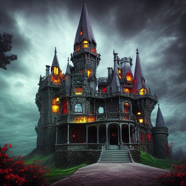 Victorian Demon Castle in Ominous Underworld Landscape