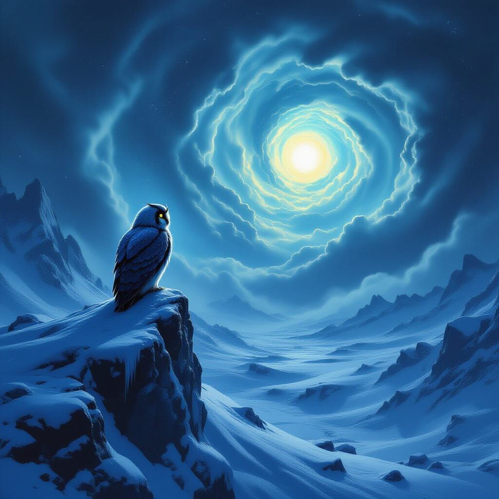 Bioluminescent Owl on Icy Peak Over Alien Valley