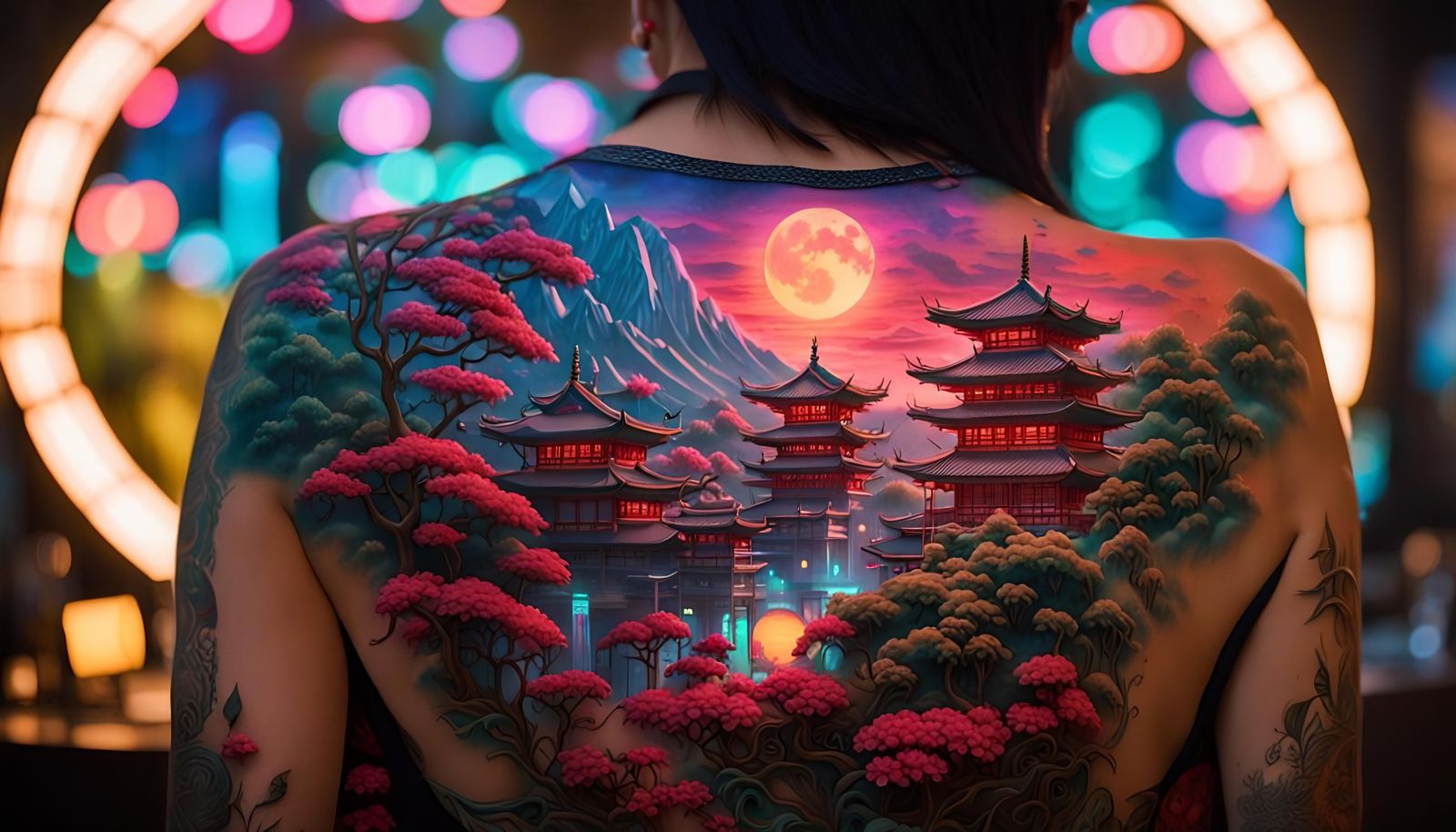 Holographic Japanese Tea Garden Tattoo in Cyberpunk Style