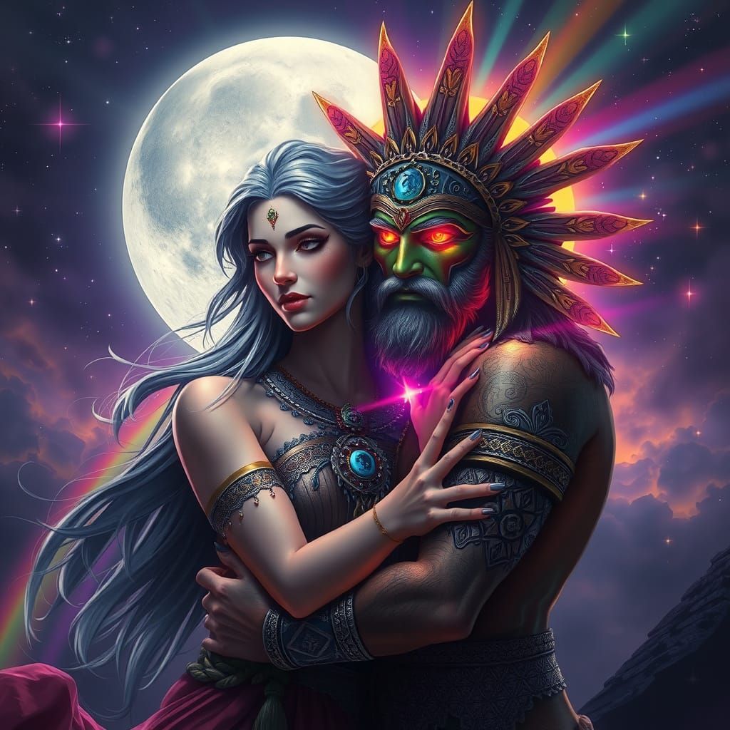 Moon Goddess and Sun God Embrace in Fantasy Art