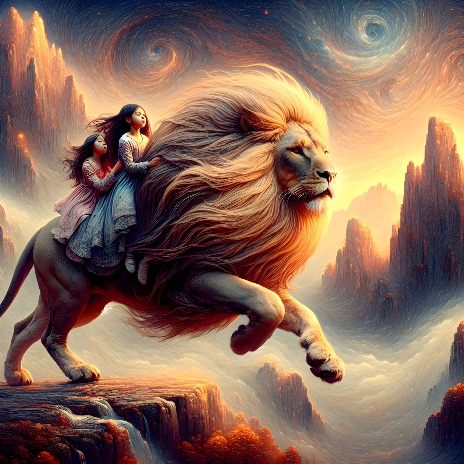 Two Young Girls Ride Majestically on a Sunset-Lit Lion