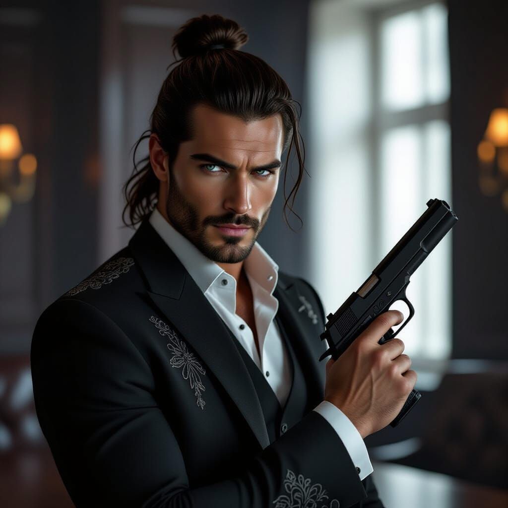 Dark Romance: Handsome Man with Gun, Dramatic Lighting