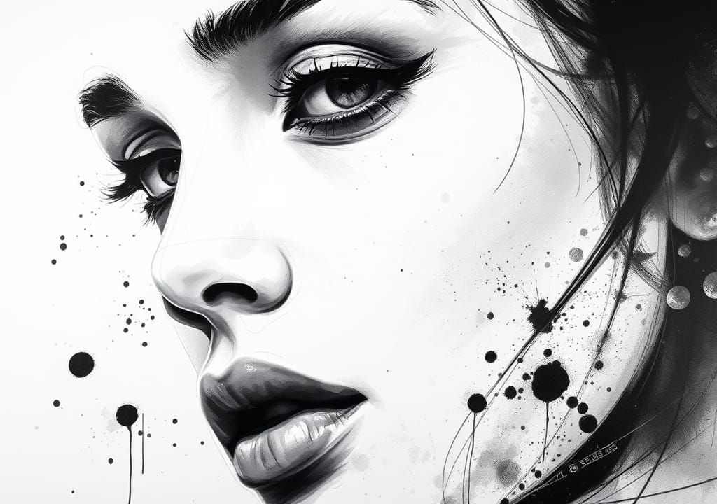 Monochromatic Ink Splatter Sketch of a Woman's Face