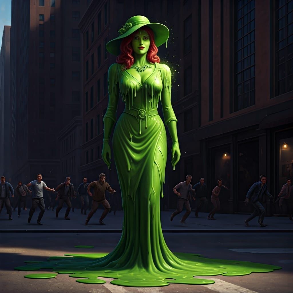 A wax statue of a woman supervillain who creates problems with vegetation is melting in the sun.