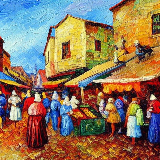 Medieval Market in Expressionist Impasto Style