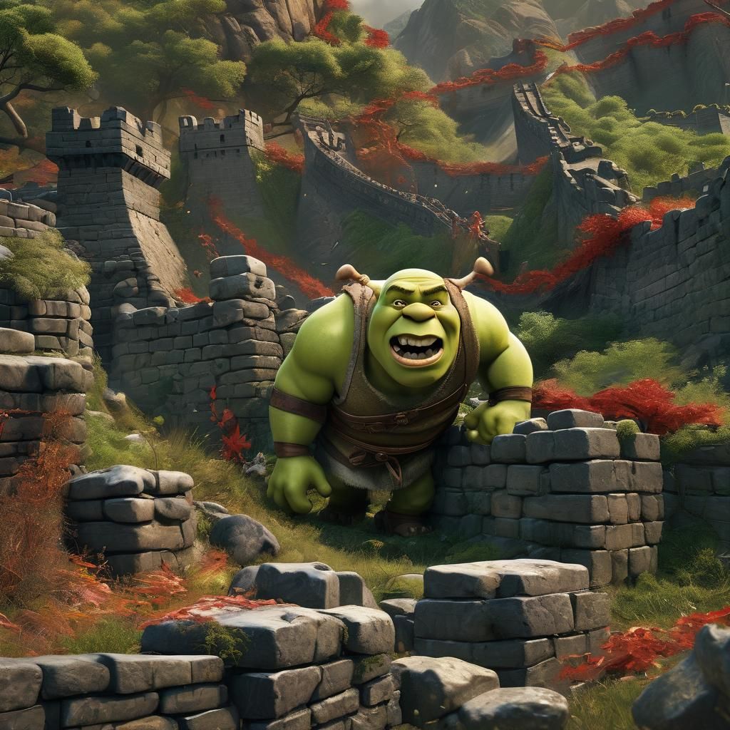Shrek Punches Great Wall of China: Hyperrealistic Art