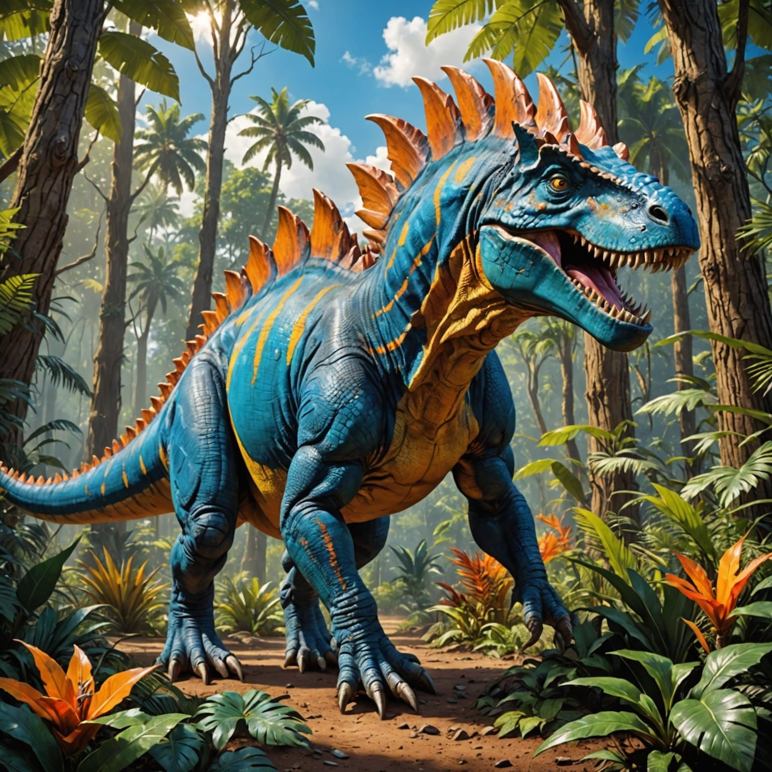 Dynamic Prehistoric Dinosaur in Lush Forest Landscape