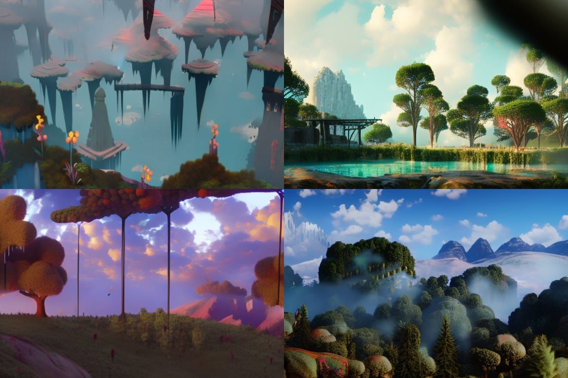 Lush Garden with Psychedelic Rain, Detailed Matte Painting