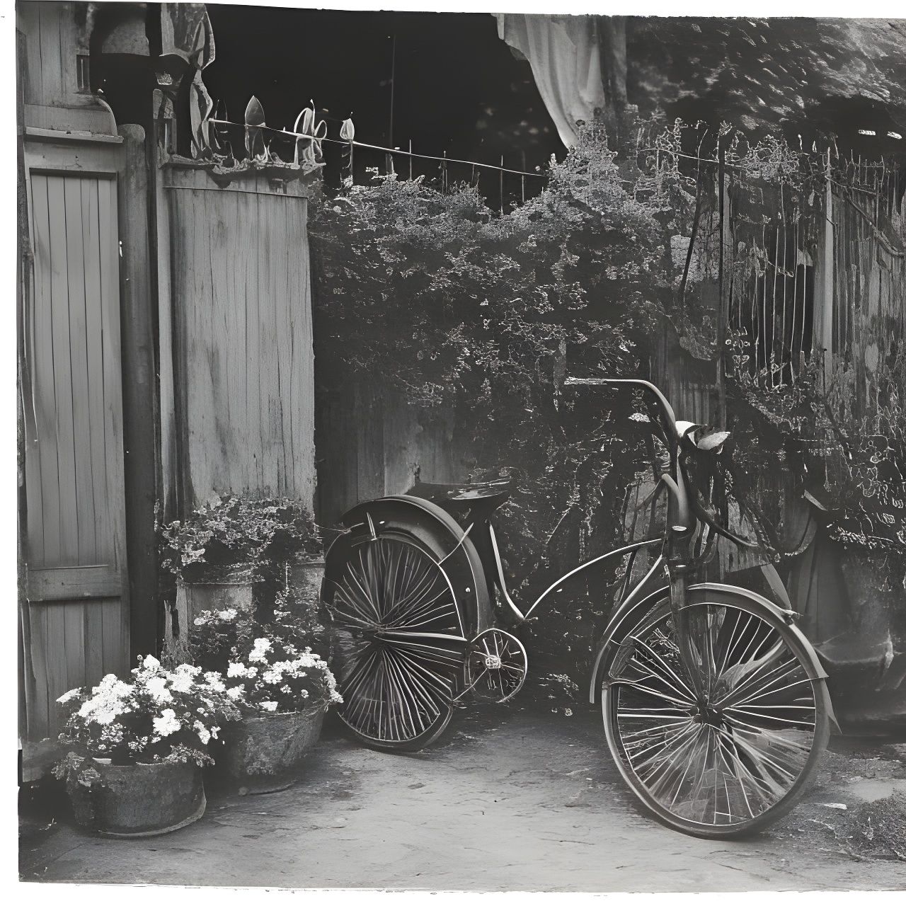 Victorian Haunted House Photograph with Vintage Bicycle