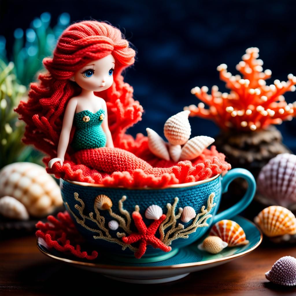 Knitted Mermaid in Teacup with Wool Coral