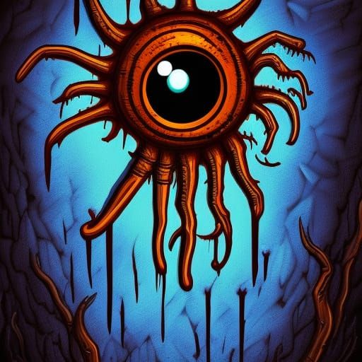 Sinister Blue Beholder with Knives: Eldritch Digital Art