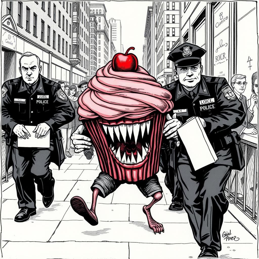 Evil Cupcake Arrest: An Edward Gorey-Style Illustration
