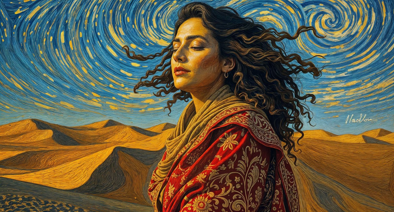 Palestinian Woman in Van Gogh Style Desert Portrait