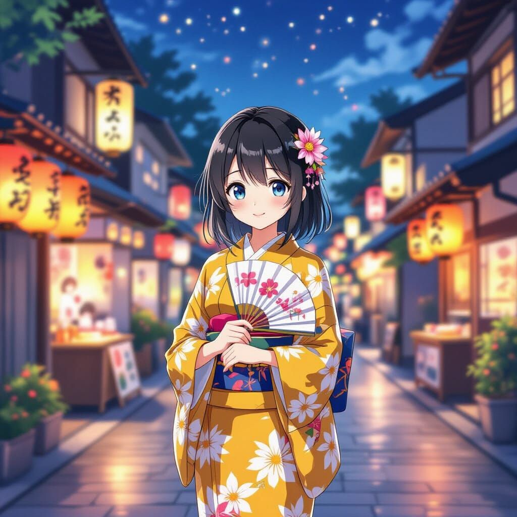 Anime Girl in Yellow Yukata at Tanabata Festival
