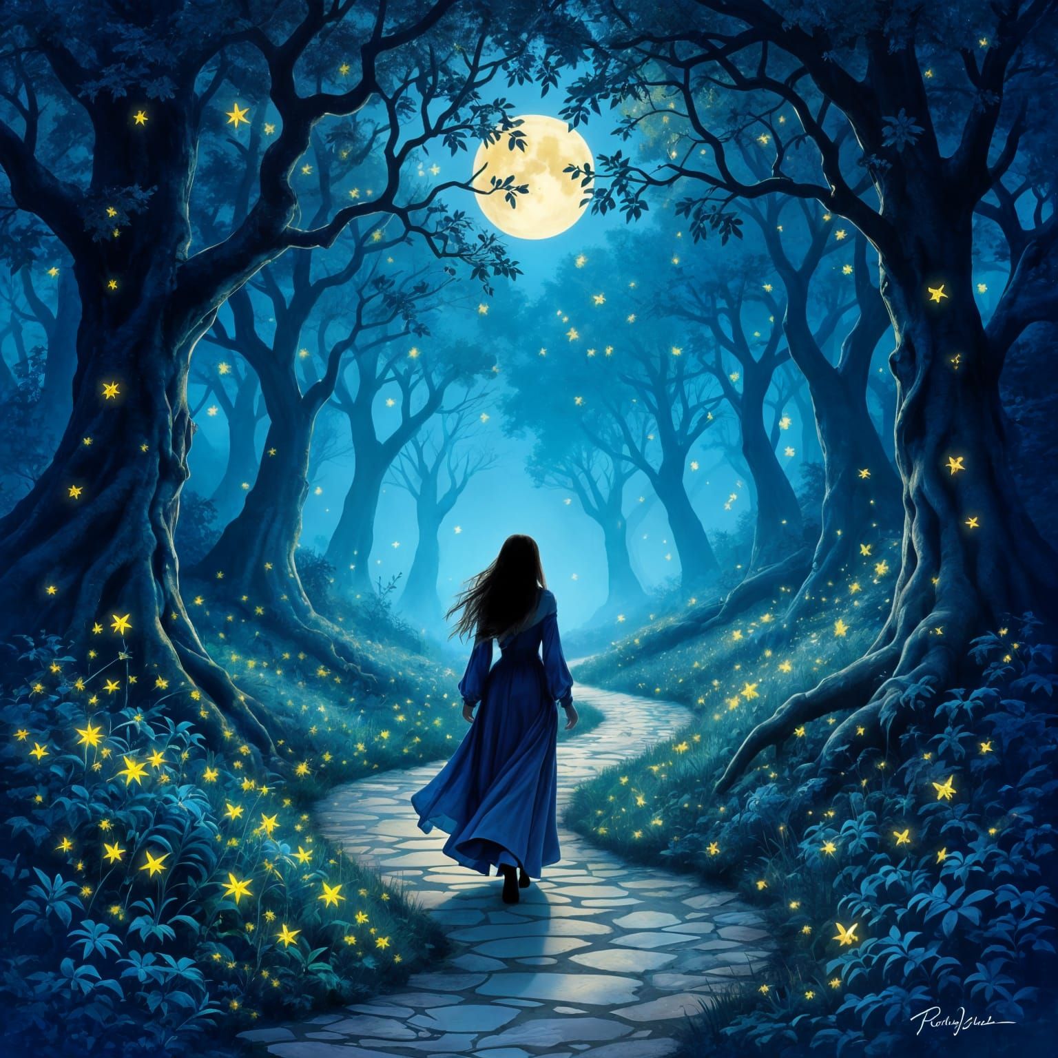Enchanted Midnight Forest Path with Fairies