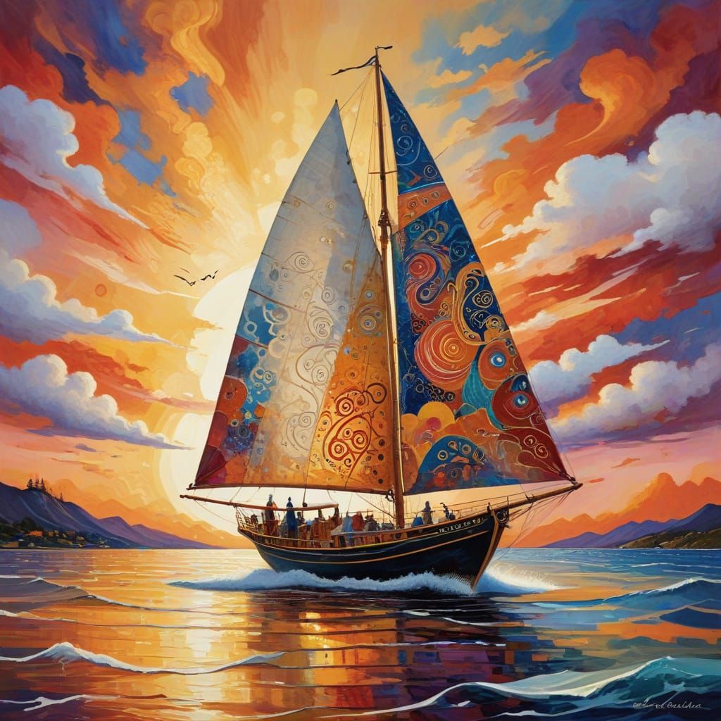 Sailing Boat in Vibrant Sunset Scene with Whimsical Folk Art...
