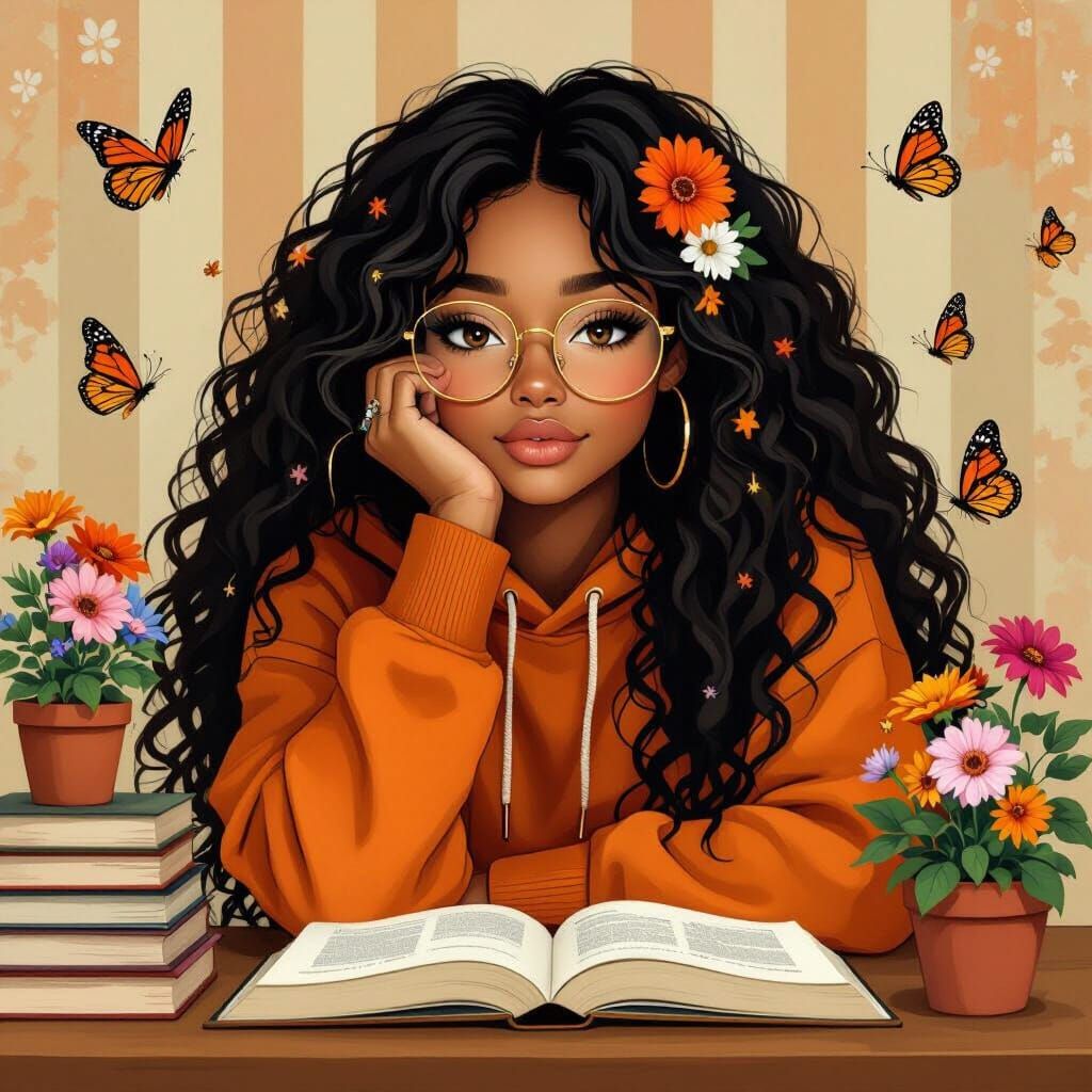 Thoughtful Girl with Books and Butterflies in Art Nouveau St...