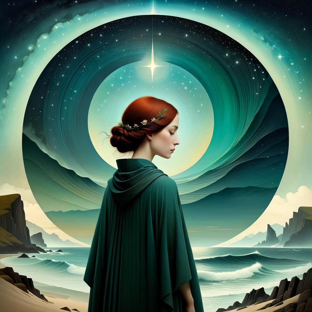 Serene Beach Scene in Whimsical Illustration Style