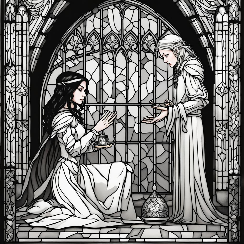 Monochrome Stained Glass: Woman Gifts Crystal to Elf