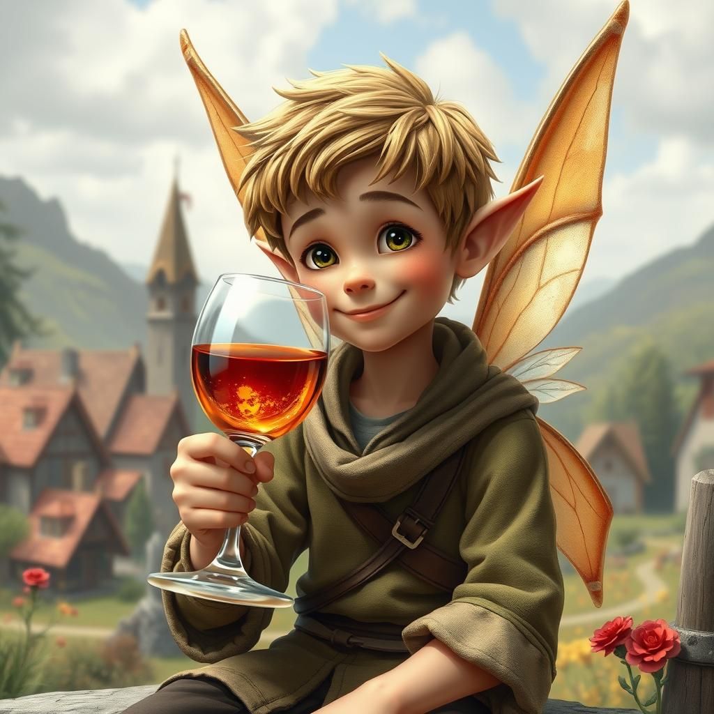 Happy Winged Pixie Enjoys Wine in Pixie Village