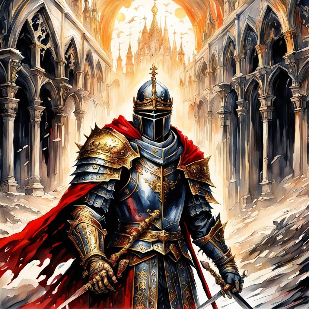 Gothic Knight with Crimson Cloak in Watercolor Style